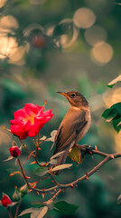 A small brown bird perches on a thorny rose branch next to a vibrant red rose blossom in a natural garden setting