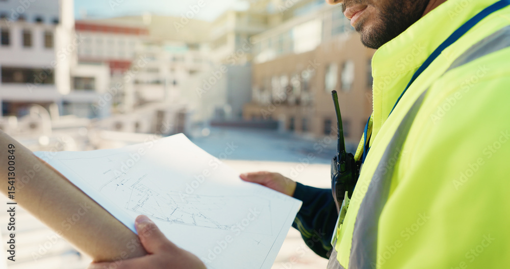 Poster blueprint, hands and contractor with man in city for progress report, architecture and engineering. 