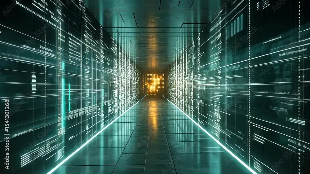 Poster digital corridor with glowing code.
