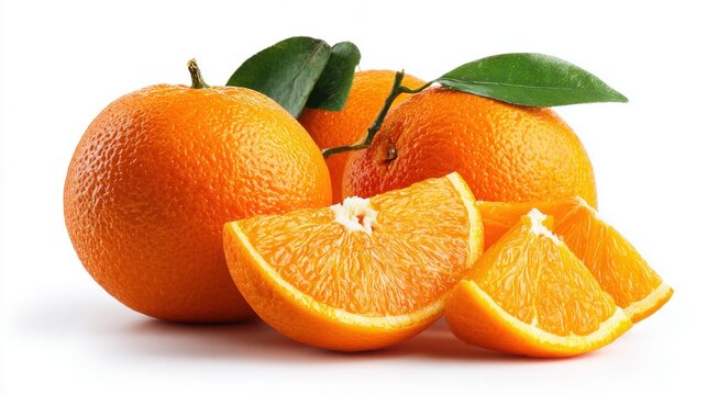 Fresh Oranges with Slices and Green Leaves on a White Background