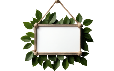 wooden photo frame with green leaves on transparent background