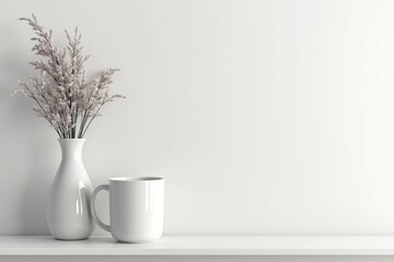 A bright still life features a hot cup of coffee on a white saucer with a green flower, isolated on a table