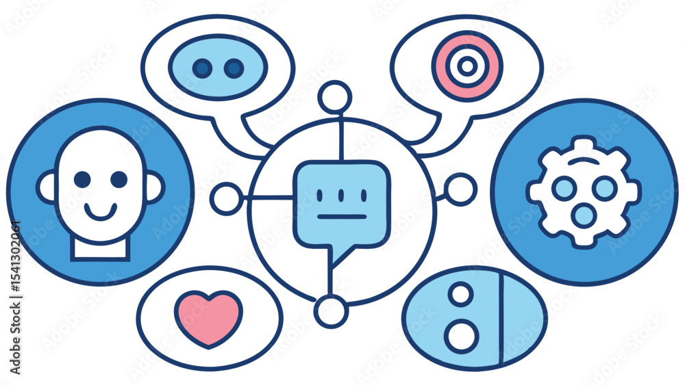 Poster illustration of a chatbot connected to various concepts such as human emotions and machine learning
