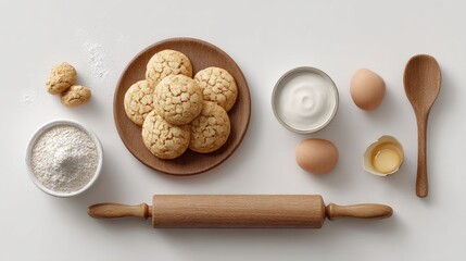 Baking Ingredients and Fresh Cookies on a Light Background