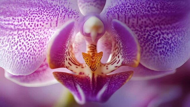 A close-up of a purple orchid flower, showcasing its intricate patterns and details in the petals and center.