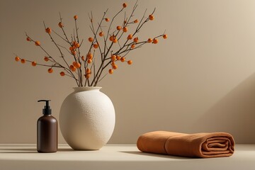 Still life with a vase of flowers on a table showing spring and autumn elements