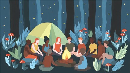 Diverse group gathers around campfire at night, sharing stories under a starlit sky in a forest