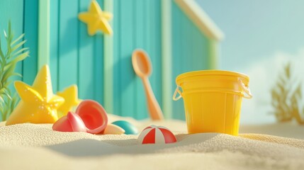 Beach toys on sand near cabin