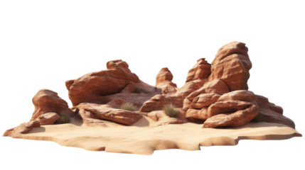 Sandy desert with long rock formations and dry arid landscape under clear sky isolated on white background