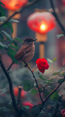 A small brown bird perches on a branch next to a red rose with chinese lanterns softly glowing in the background