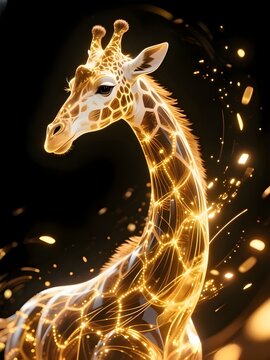 Girafee illustration with glowing golden fractal on black background, a symbol of nature animal and traditional art, perfect for light decoration, or a festive art pattern design 003