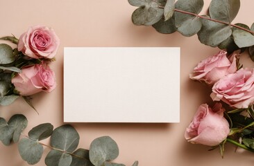 Elegant Pink Roses and Eucalyptus Framing Blank Card on Beige Background
