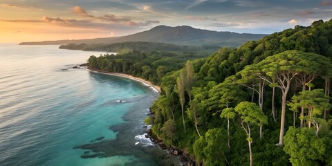 A beautiful landscape with a mountain range and a beach