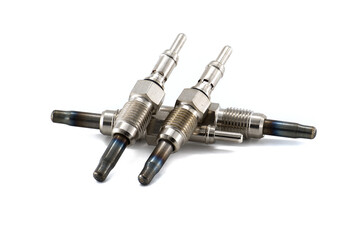 Close-Up of Metal Glow Plugs for Diesel Engines on White Background