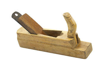 A vintage wooden hand plane, a classic carpentry tool on a white background.