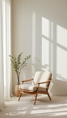 Fototapeta premium Inside the bright house, there is a single low chair in neutral tones with soft morning light. The atmosphere is simple but dreamy.