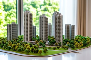 Fototapeta premium Scale Model of Urban High-Rise Buildings Surrounded by Greenery