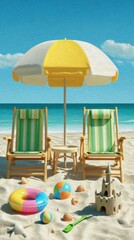 Beach Scene with Striped Umbrella, Two Chairs, and Sand Toys