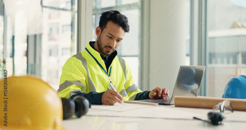 Poster office, hands and architect drawing blueprint for draft, architectural project or construction. floo