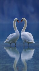 Two white swans standing on a reflective water surface with a serene blue background © 王二小