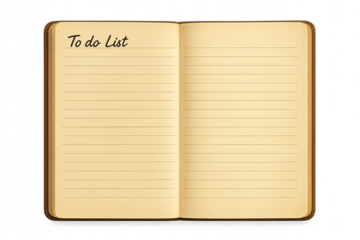 Open vintage-style notebook with lined pages and handwritten "To do List" heading on the left, isolated on a white background, representing planning, organization, productivity, task management, and n