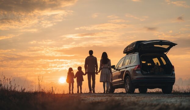 Family Silhouette Admiring Sunset Beside Car, Road Trip Adventure Begins