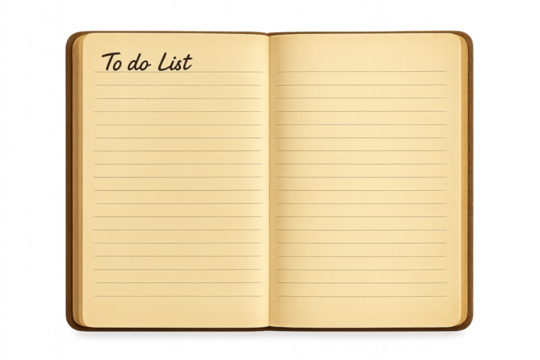 Open vintage-style notebook with lined pages and handwritten "To do List" heading on the left, isolated on a white background, representing planning, organization, productivity, task management, and n