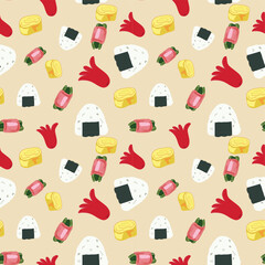 Seamless Japanese Food Pattern Featuring Cute Onigiri ,rice balls in a kawaii style for Packaging and Textile Design.