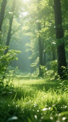 Fototapeta premium Sunlight filtering through a lush, green forest with vibrant undergrowth