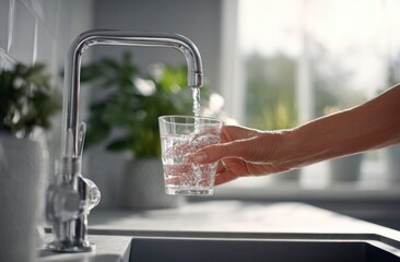 Filling a clear glass with fresh water from a modern chrome faucet in a bright kitchen.