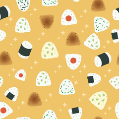 Seamless Japanese Food Pattern Featuring Cute Onigiri ,rice balls in a kawaii style for Packaging and Textile Design.