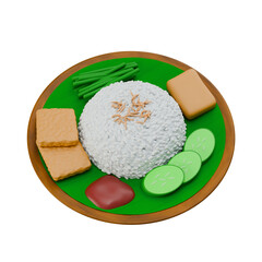 3D illustration of nasi liwet, a traditional Indonesian rice dish served with tofu, cucumber, and sauce, perfect for meal and food visuals.