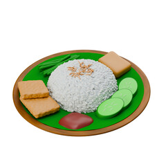 3D illustration of nasi liwet, a traditional Indonesian rice dish served with tofu, cucumber, and sauce, perfect for meal and food visuals.