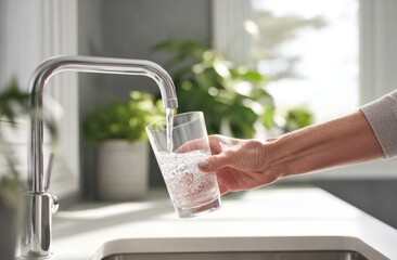 Filling Glass with Sparkling Water from Modern Faucet
