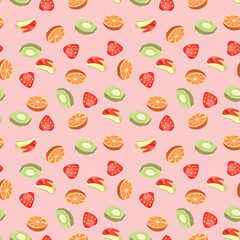 Fruit Pattern Seamless with Adorable Kawaii Slices of Apple Orange Kiwi and Strawberry Perfect for Textile or Stationery Designs.
