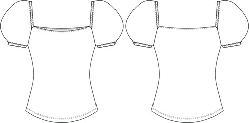 short puff balloon sleeve square neck lastic band fit sport bodycon blouse top tshirt tee template technical drawing flat sketch cad mockup fashion woman design style model 
