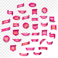 Best choice, order now, special offer, half price sale banners. Pink ribbons, tags and stickers. Vector illustration.