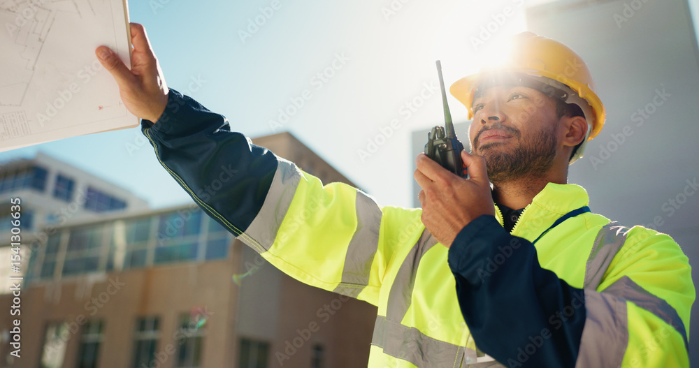 Poster engineer, radio and inspection with man on rooftop for property blueprint, architect or feedback. lo
