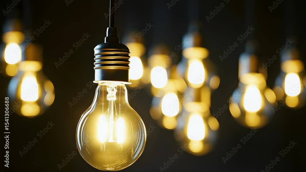 Poster a close-up of a lit light bulb surrounded by several dimly lit bulbs in a dark setting, creating a w