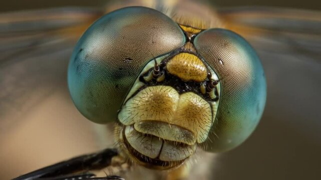 Dragonflys multifaceted eyes stare forward
