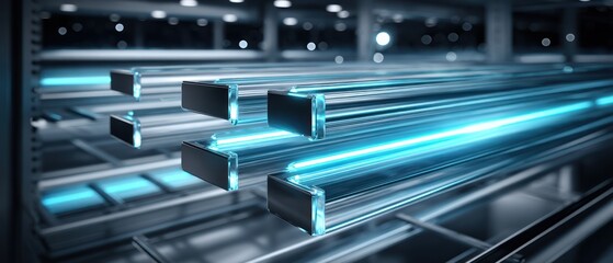 Futuristic glowing metal tubes in a dark, industrial setting