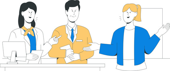 Three professionals interact at a global market reception desk, managing document flow with one holding papers, another using a scanner, and the third gesturing openly