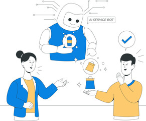 A futuristic AI service bot creates automation magic by assisting two delighted people with a gift box, symbolizing innovative customer service technology