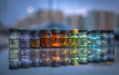 Colorful bottles arranged in a row, reflecting on a surface