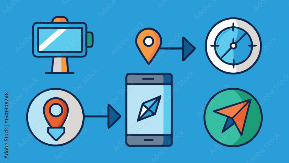 Poster navigation icons showing a journey with a sign, location pins, compass and paper plane icons