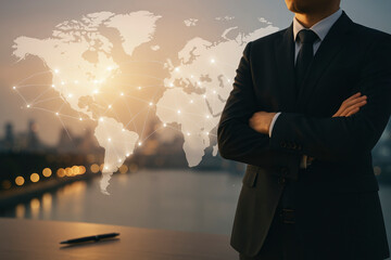 Businessman in Suit with Arms Crossed, Standing Before a Glowing Global Business Network Map, Symbolizing Worldwide Connectivity