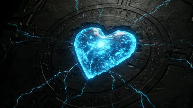 Glowing heart encased in dark metal with energy