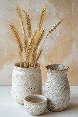 Speckled Ceramic Vessels with Dried Wheat on Beige Background