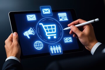 Digital Retail Display: The businessman holds digital tablet, navigating the interactive online shopping interface with a stylus.