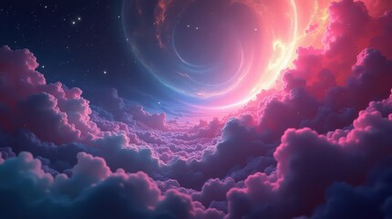 A dreamy vista of fluffy pink clouds under a swirling sky with a glowing celestial body above them